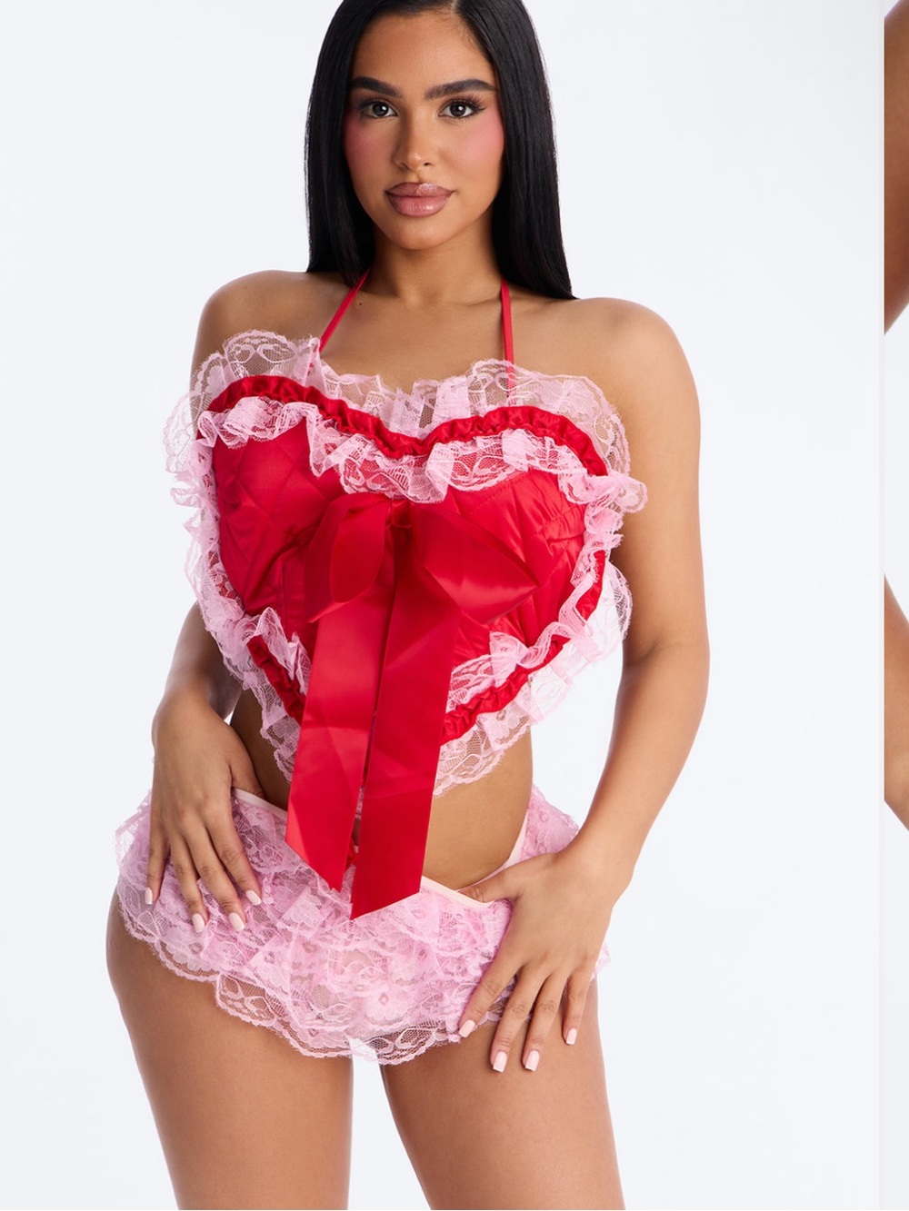 Fashion Nova Pink Lace Ruffle Bra & Ruffle Panty Set with Red Ties